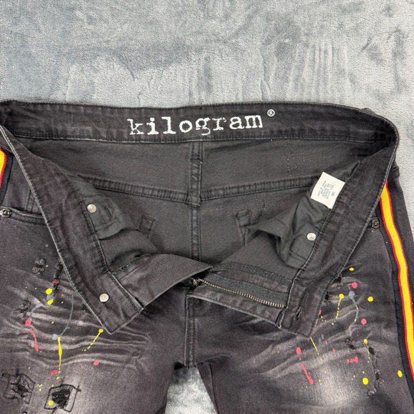 Kilogram Mens Distressed Paint Splatter Fade Side Stripe Jeans Black Size 36X31 - Picture 8 of 10
